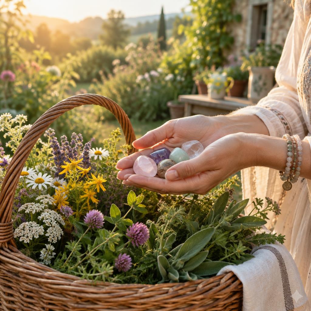 Mains tenant délicatement des pierres semi-précieuses au-dessus d'un panier d'osier rempli de fleurs sauvages, jardin lumineux en arrière-plan