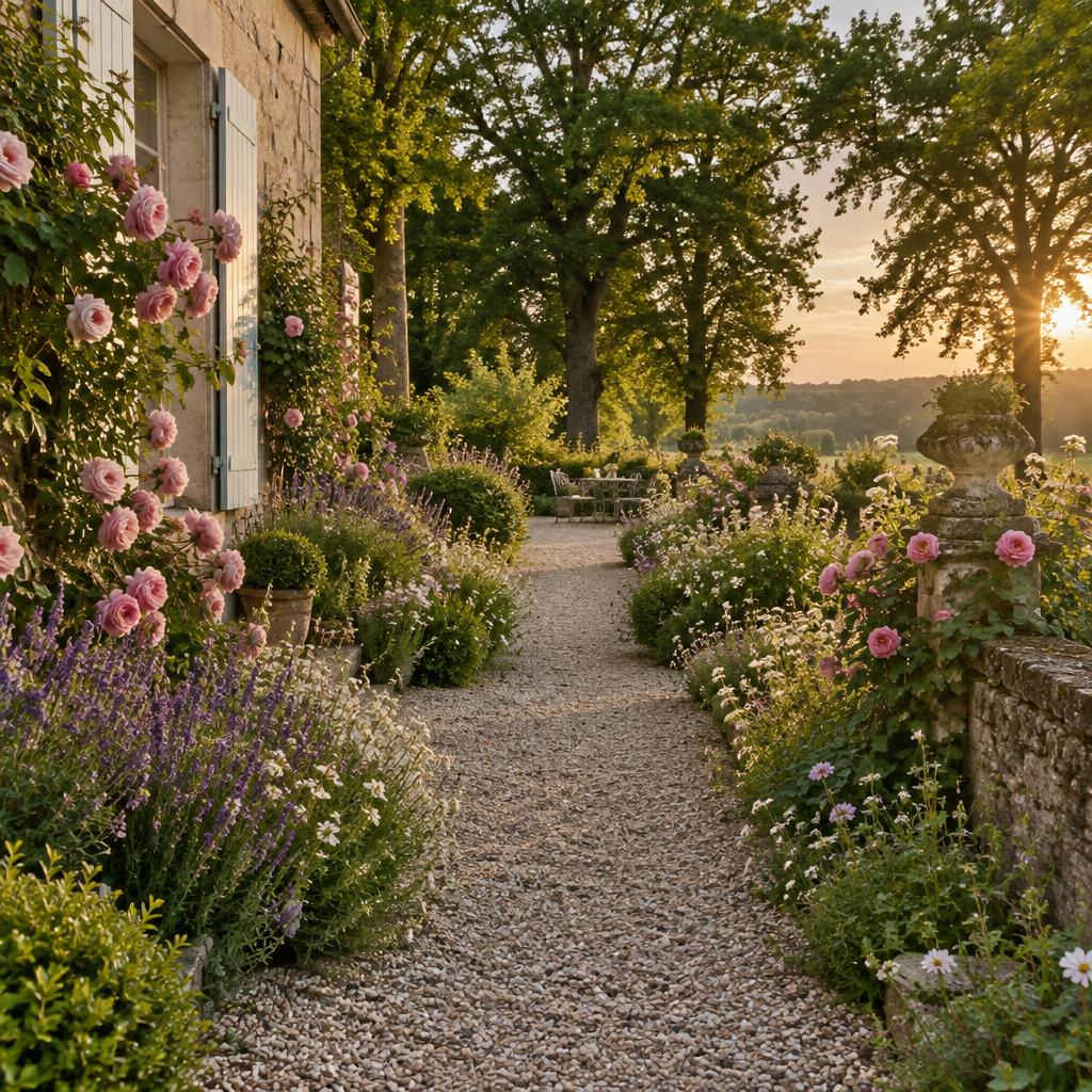 Jardin de campagne fleuri au printemps, allée de gravier bordée de roses anciennes et de lavande menant vers de grands arbres, lumière dorée