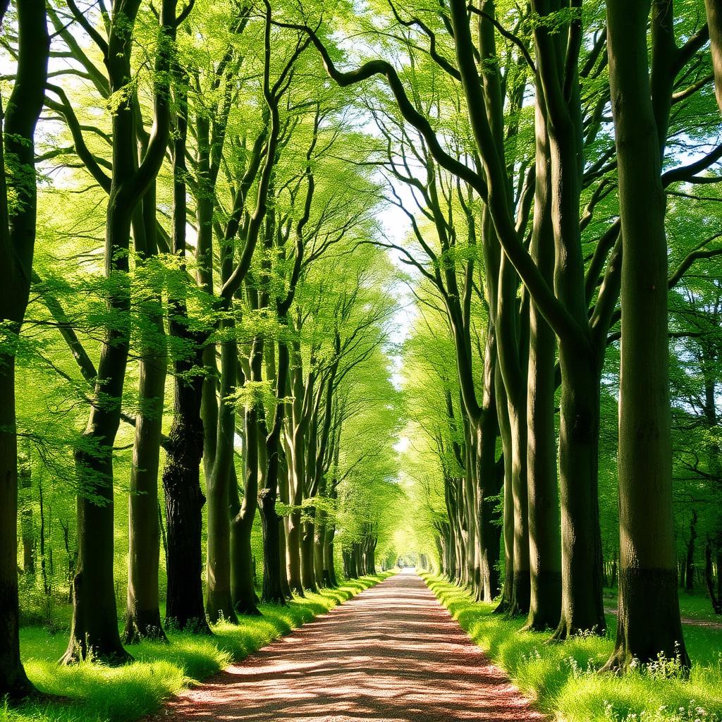 Allée de hêtres baignée de lumière