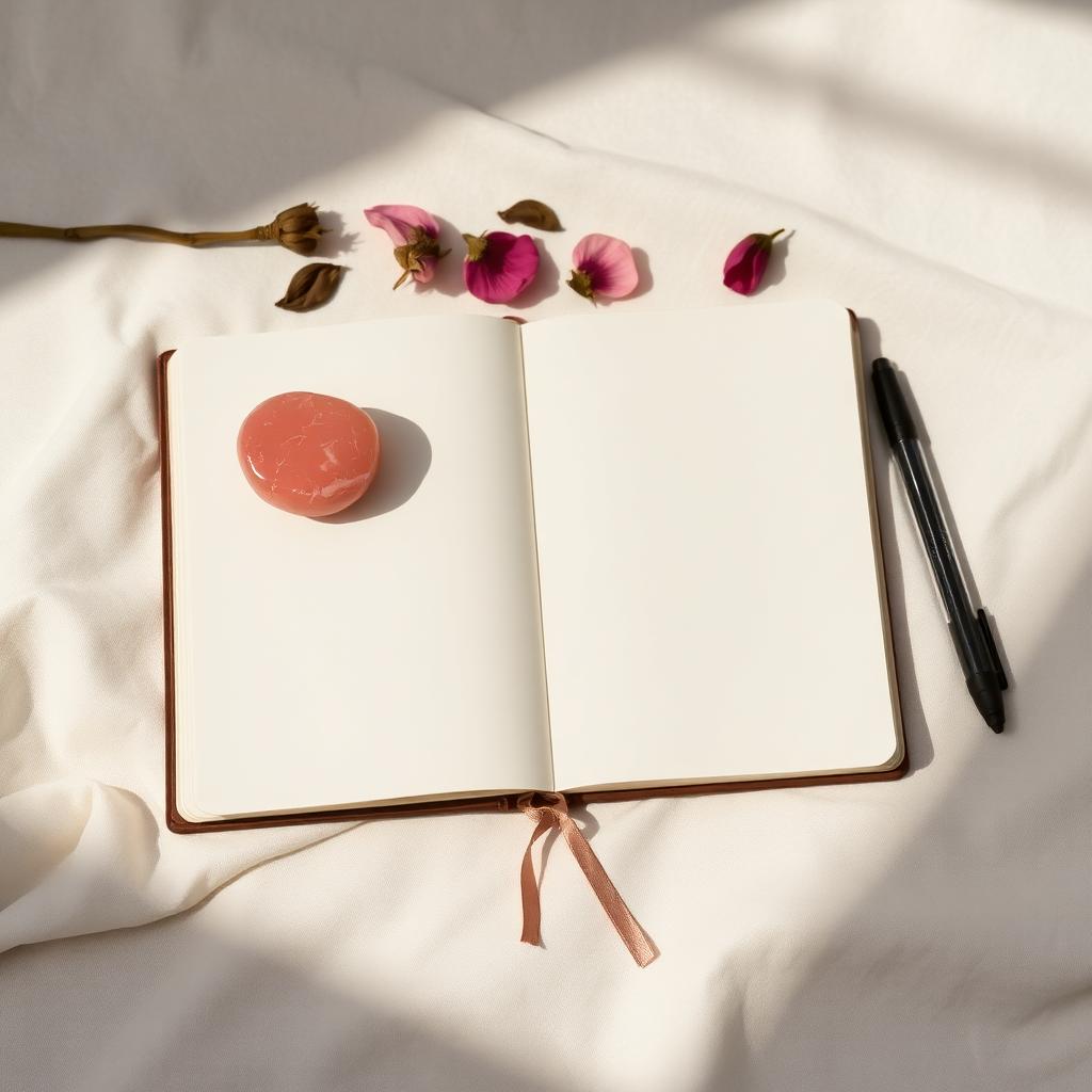 Journal ouvert avec quartz rose et pétales de rose