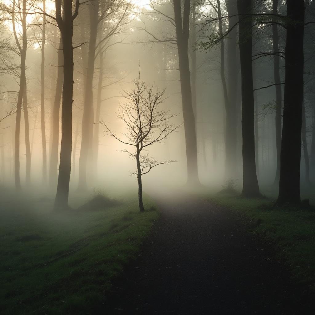 Sentier brumeux dans une forêt au lever du jour