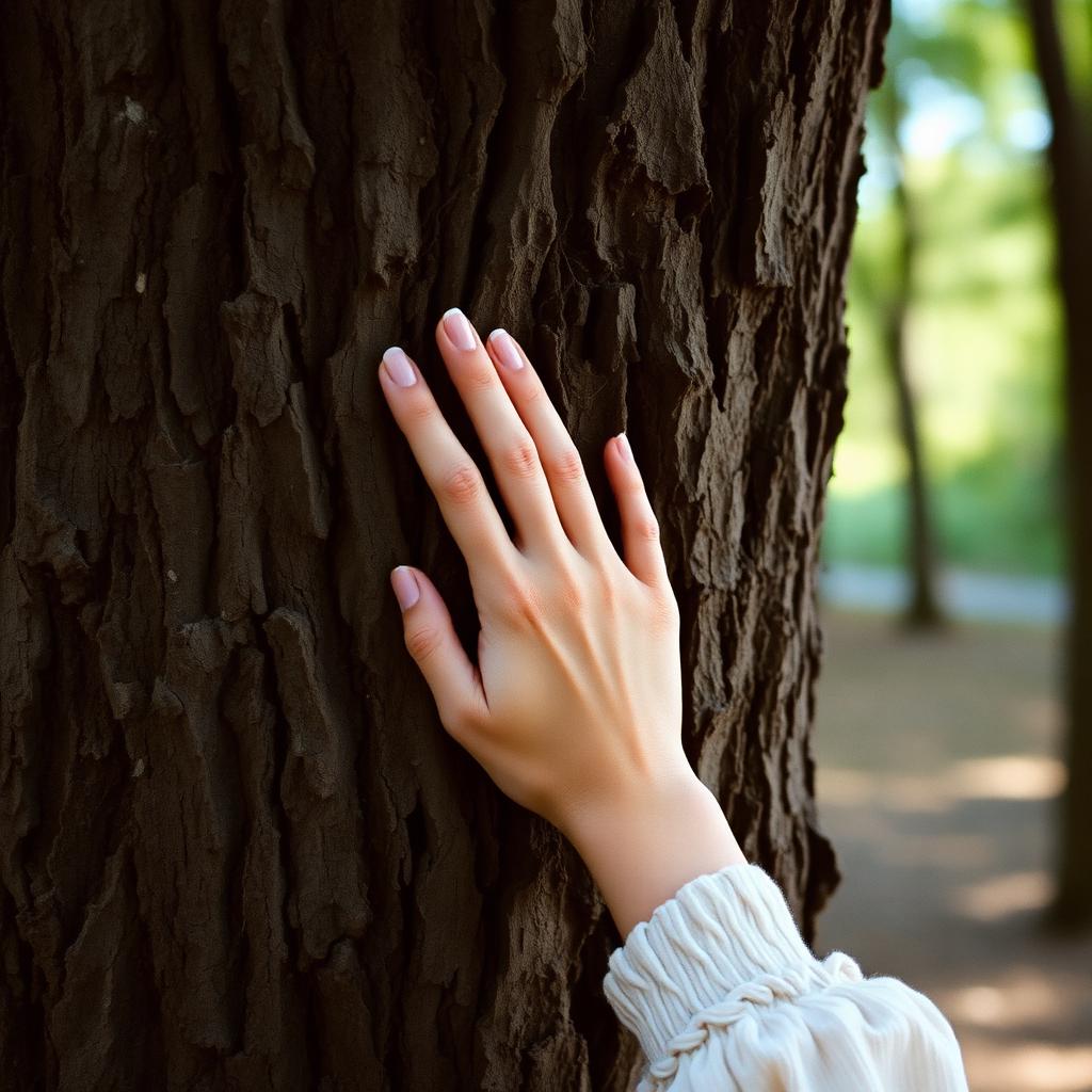 Main posée doucement contre l’écorce d’un arbre