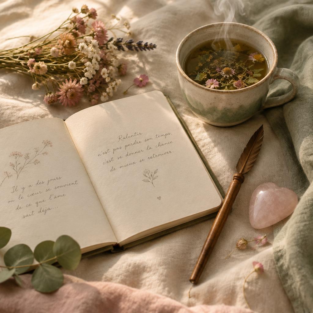 Carnet ouvert avec une plume en bois, une tasse de tisane fumante, fleurs séchées et pierre tendre sur une couverture en lin