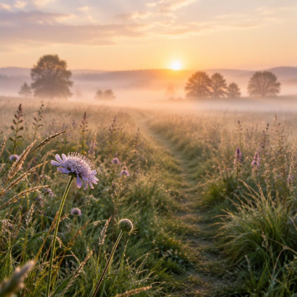 Petit sentier d'herbe traversant une prairie brumeuse au lever du soleil vers une fleur sauvage éclose