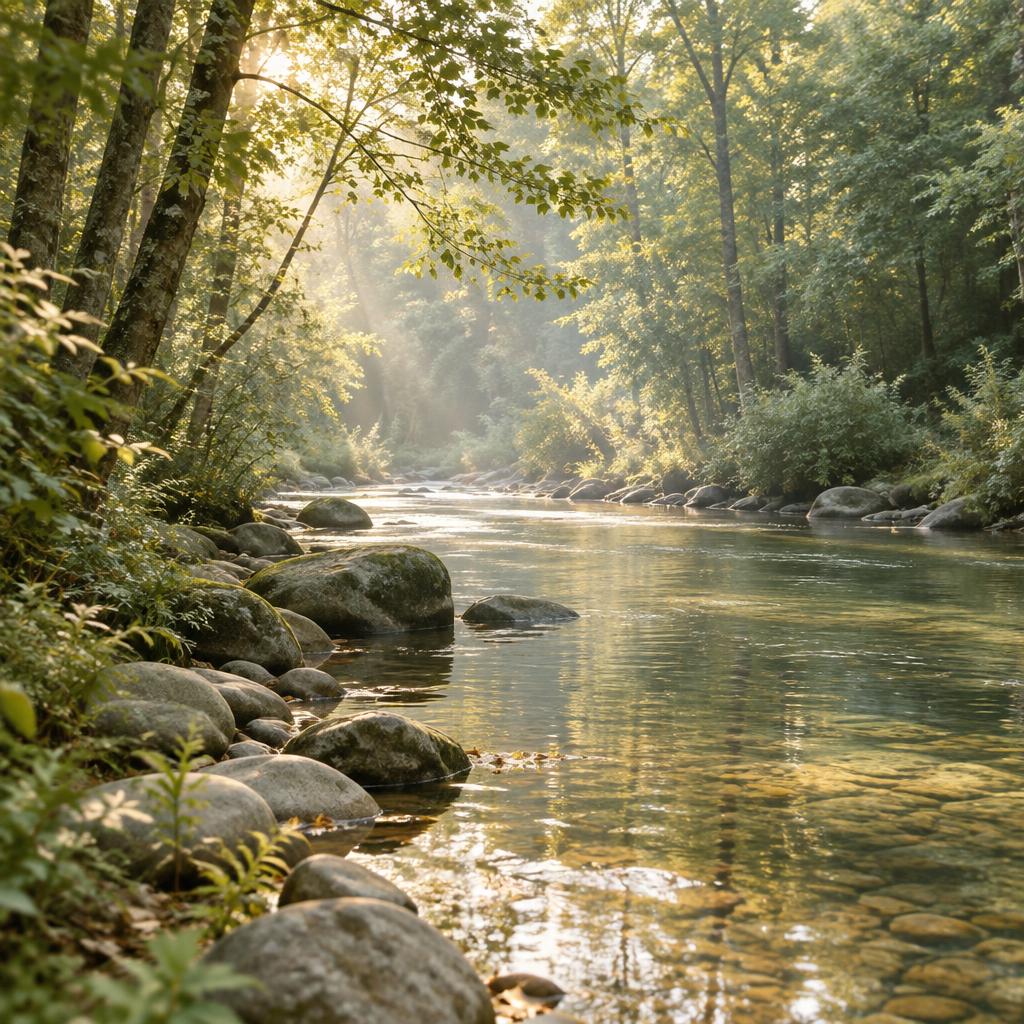 Rivière paisible traversant une forêt silencieuse, lumière filtrée à travers les feuillages, pierres rondes au bord de l'eau