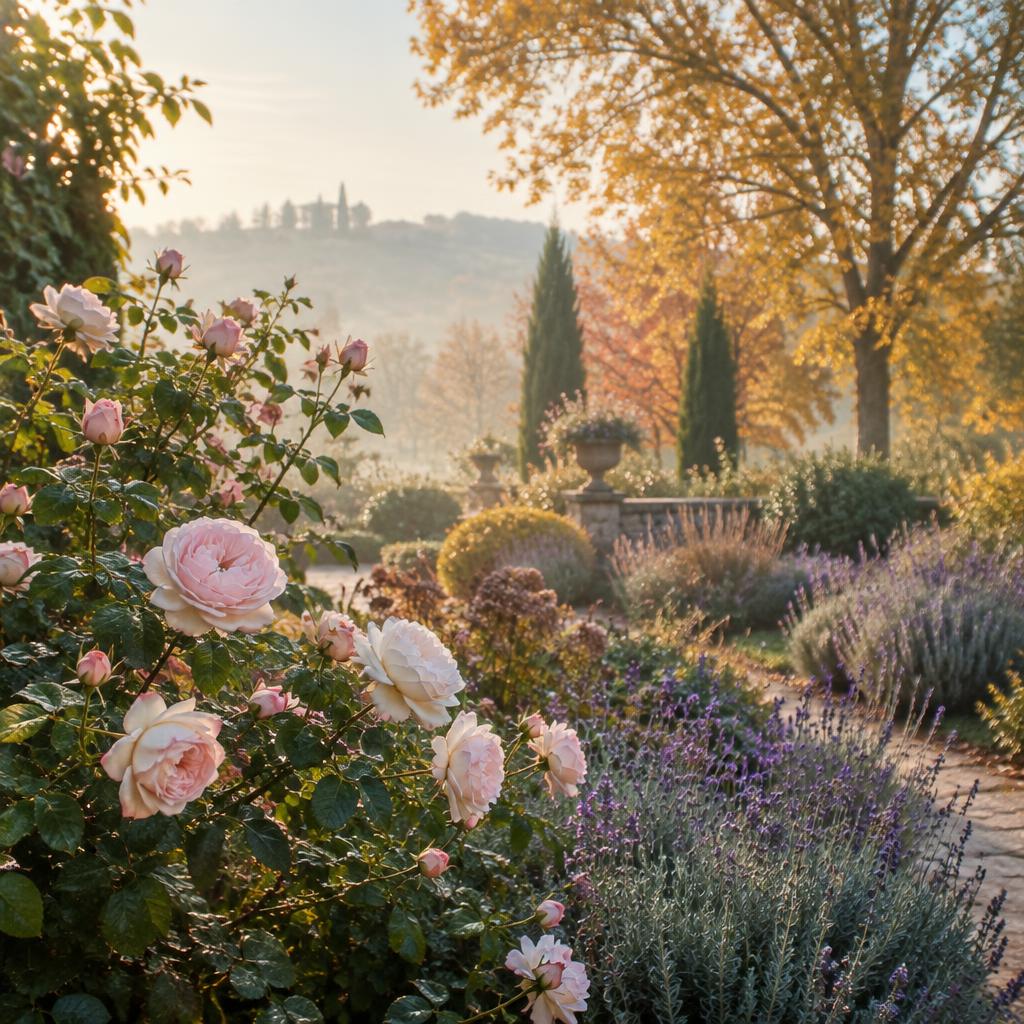 Jardin aux saisons mêlées : rosier en fleurs au premier plan, arbres dorés d'automne au fond, lumière douce du matin