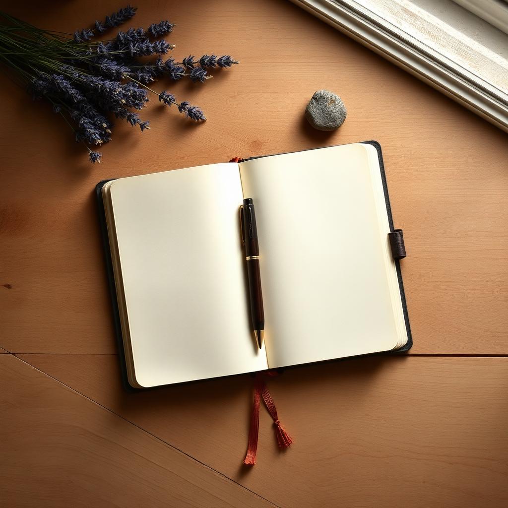 Carnet ouvert avec un stylo et de la lavande séchée